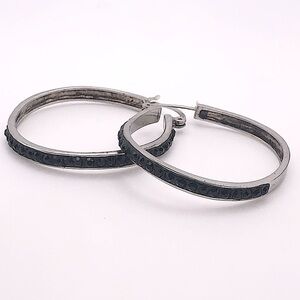 𝅺vtg Sterling Silver & Black Cz Stone Wavy Shape Hoop Earrings - 1.5”